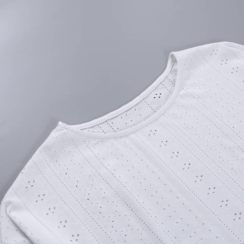 Rosa Clothing - Wholesale Lounge Set - Women's - Eyelet basic long sleeve overfit loose tee lounge shorts set20