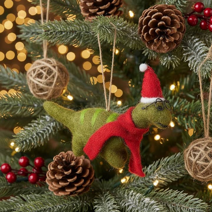 Handmade Felt Hanging Christmas Dinosaur with Specs Tree for wholesale by Felt So Good