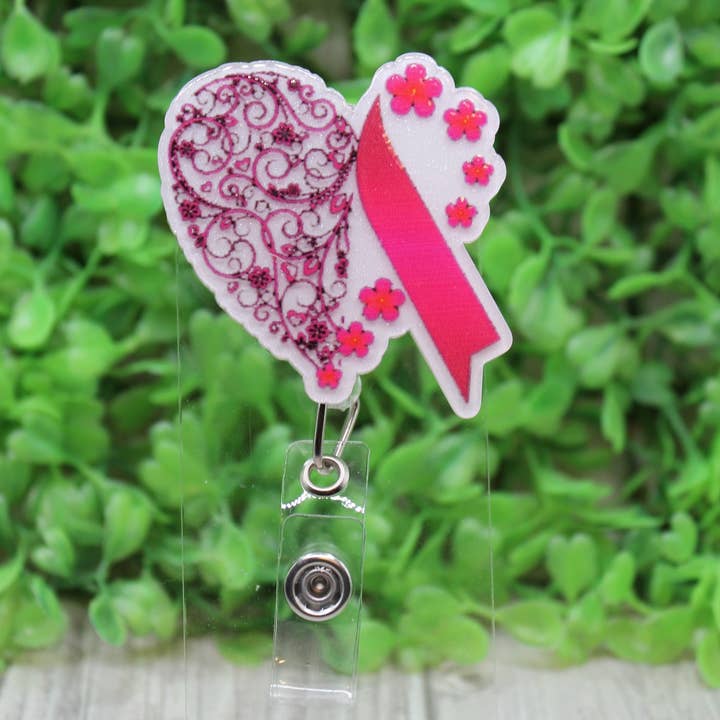Floral Heart Pink Ribbon Breast Cancer Awareness Badge/ID Holder Reel for wholesale by Hylidae Boutique