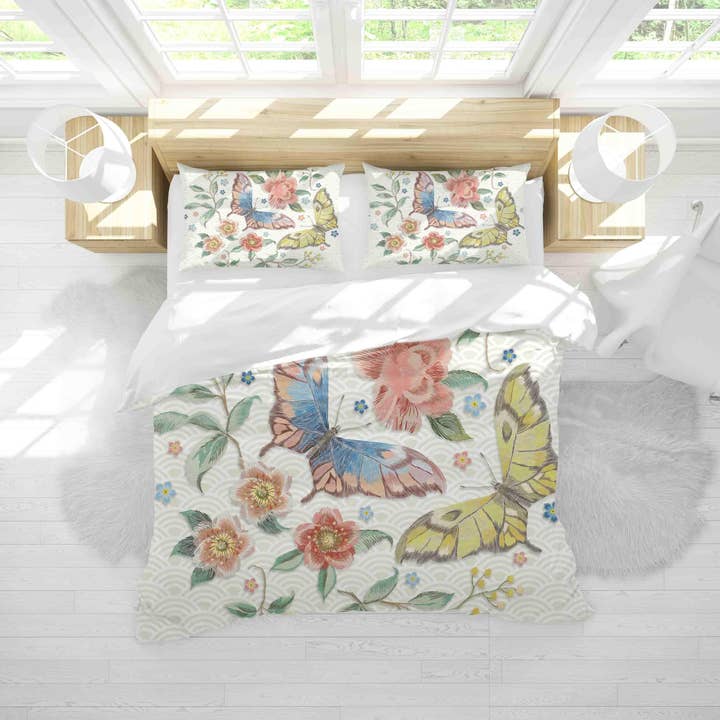 3D Broderi Sommerfugl Blomstret Dynebetræk Sæt Sengetøj Sæt Dynebetræk Pudebetræk SF005 for engroshandel hos Jess Art Decoration