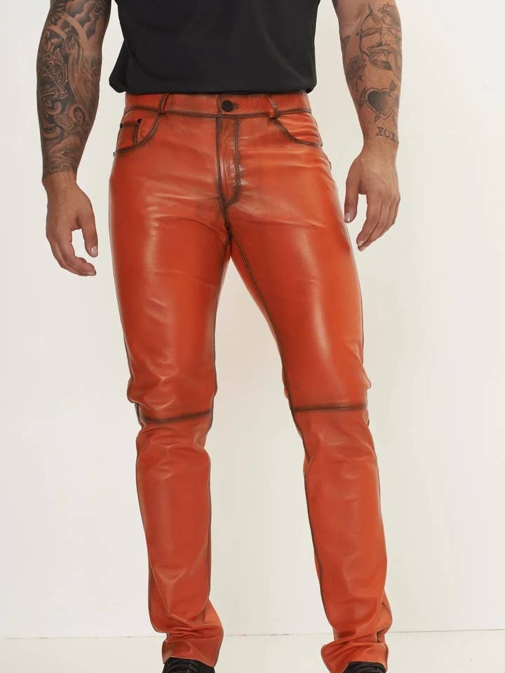 Pantalon en cuir d'agneau véritable pour hommes - Teinte orange pour la vente par Ron Tomson