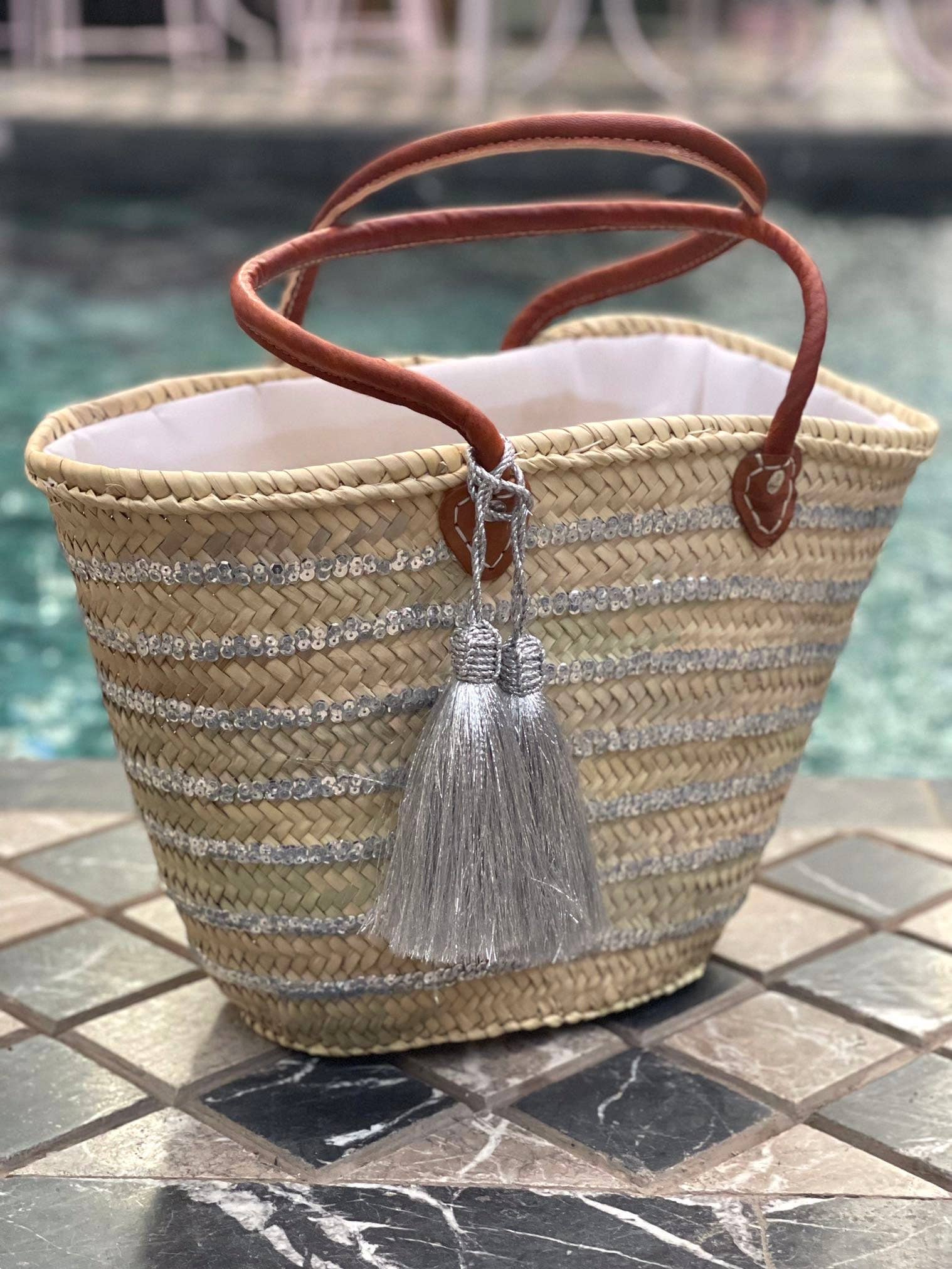 martitec - Vente Sac de plage - Sac à panier à paillettes | Sac à panier marocain tissé à la main argenté 1