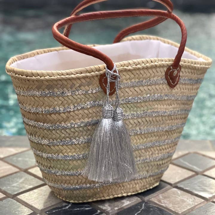 martitec - Vente Sac de plage - Sac à panier à paillettes | Sac à panier marocain tissé à la main argenté 1