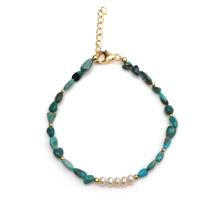 Turquoise And Pearl 925 Sterling Silver Beaded Bracelet 6.5" for wholesale by Fine Facets