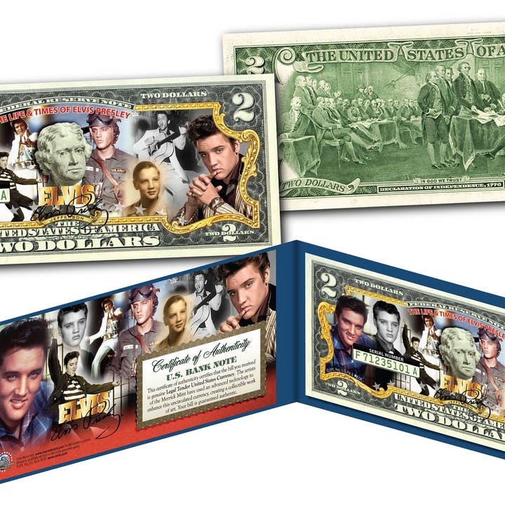 Elvis Presley " Life & Times " Colorized Two Dollar Bill Genuine Us Currency for wholesale by The Merrick Mint