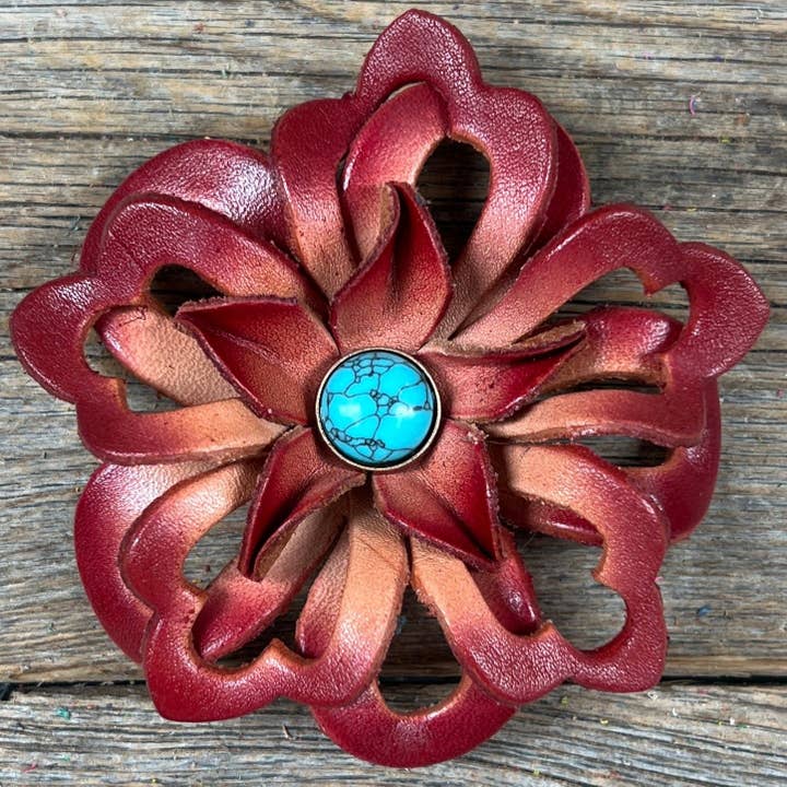 Handmålade Läderblommor - Lotus - Runda Turkos Cabochons för wholesale av Rodeo Drive