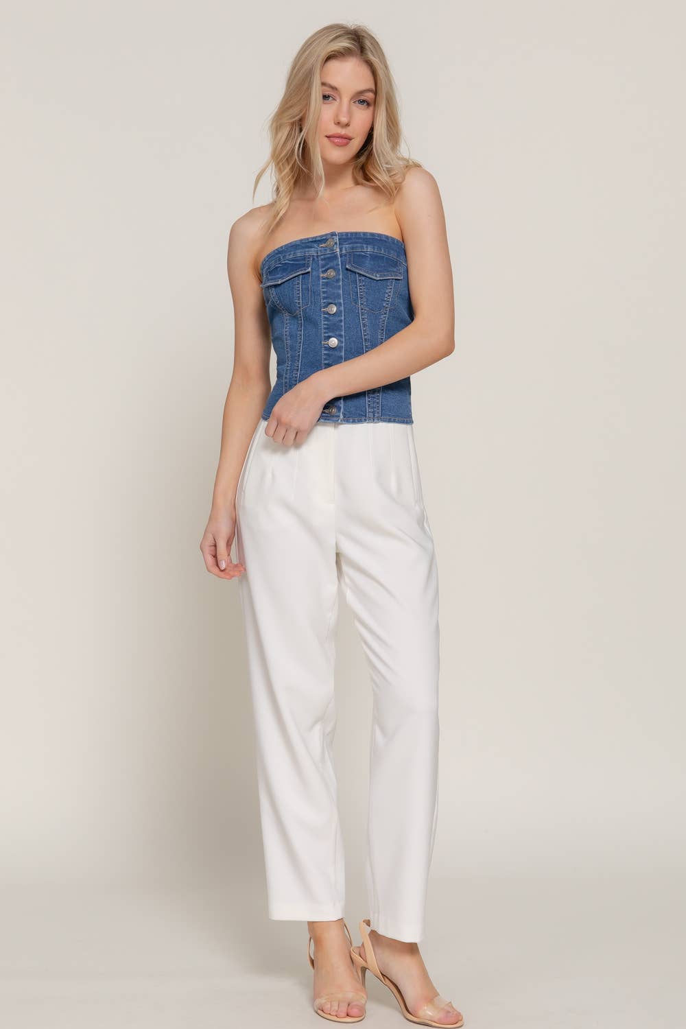 Button Down Placket Stretch Denim Tube Top for wholesale on Faire4