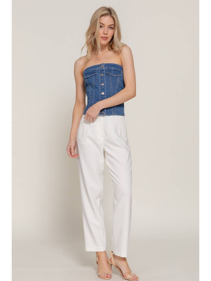 Bleu-moyen denim Haut tube en denim extensible à patte de boutonnage en vente sur Faire4