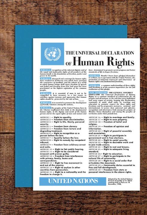 Biglietti di auguri per la Dichiarazione universale dei diritti umani per la vendita all'ingrosso da parte di Radical Tea Towel
