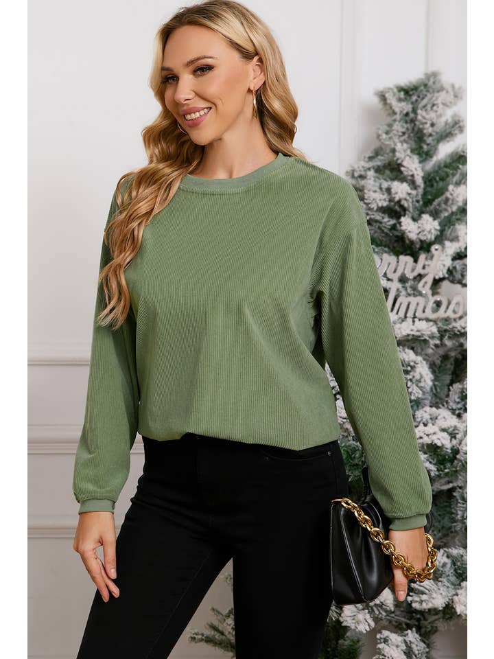 Aapparella - Wholesale Sweatshirt - Women's - Women Solid Corduroy Crewneck Loose Fit Sweatshirt | S-2XL