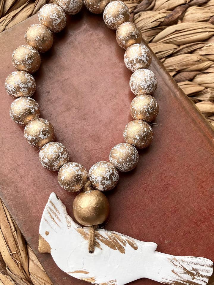 White W/Gold 19 (20mm) Wood Beads W/White/Gold Cardinal for wholesale by RKM Designs