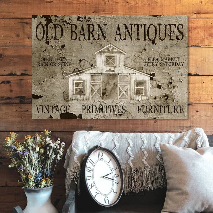 Old Barn Antiques Rustic Canvas Wall Art Faux Metal Sign for wholesale by Olive Branch Farmhouse