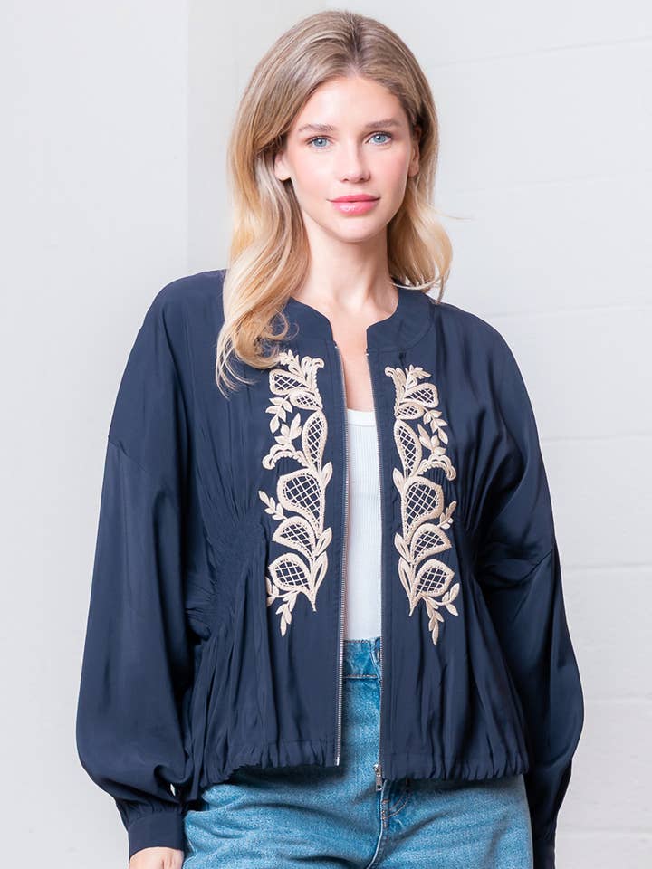 HJ75282T-CASACO COM FECHO DE CORRER SÓLIDO BORDADO por atacado de Taelynn