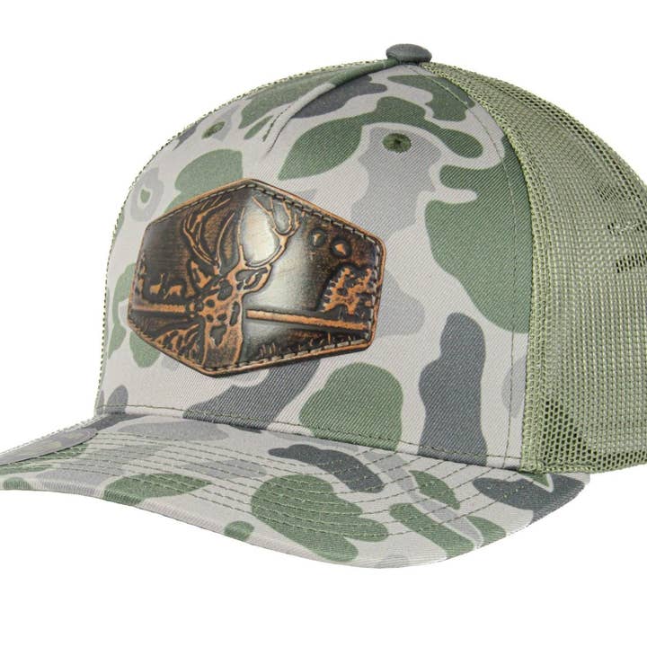 Zep-Pro - Wholesale Trucker Hat - Men's - Buck Old School Camo Trucker Hat. Hand Burnished Full Grain Leather Patch. 5-Panel Richardson 112 Snapback Cap. Stitched Deer Leather Patch.6