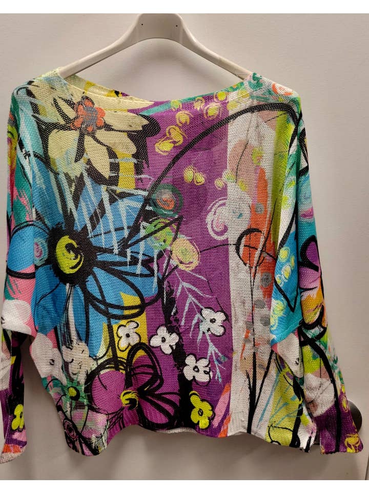LOOWIE - Wholesale Knit Sweater - Women's - COFLB Blue Purple Floral Round Knit Printed Sweater