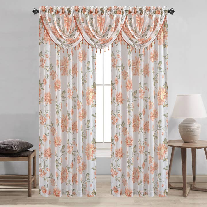 Anna Sheer Metallic Floral Rod Pocket Window Panel & Waterfall Valance, All Sold Separately for wholesale by ShopBobbys