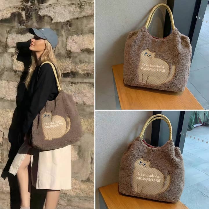 U PLUS INC - Wholesale Tote Bag - Women's - Cozy Teddy Fleece Cat Appliqué Tote Bag - Kusuguru Japan8