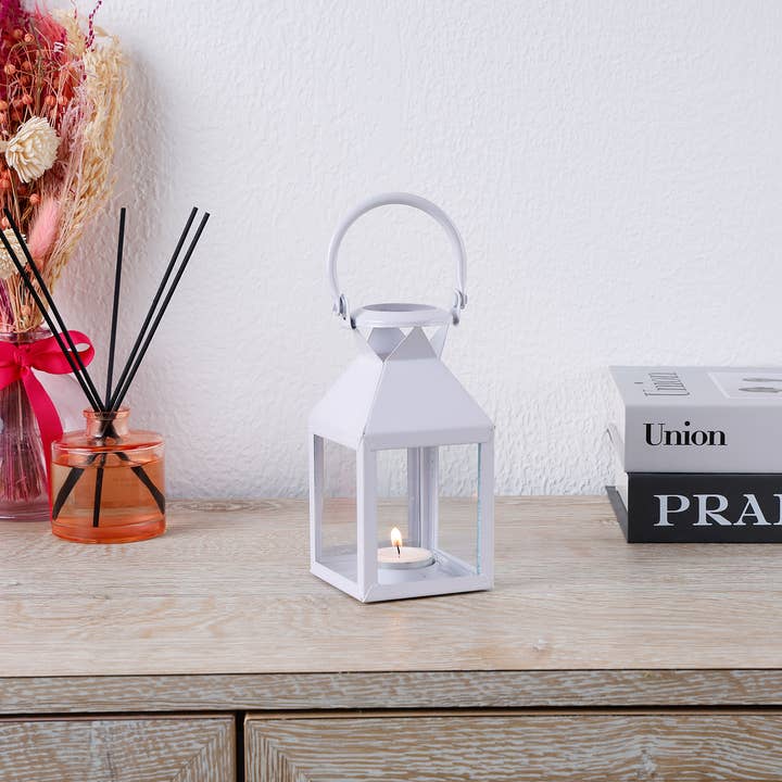 Handicrafts Home - Wholesale Lantern - Metal & Clear Glass Pyramid Lantern, Antique White3