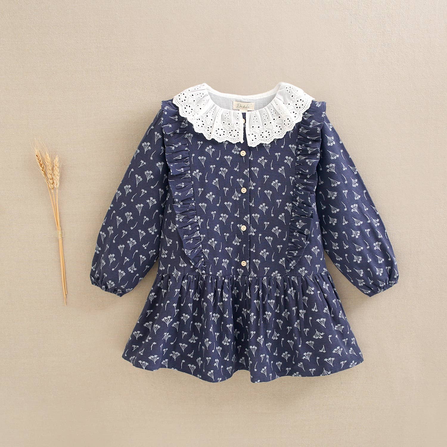Dadati – wholesale Dress – Kids – Navy blue dress with floral print and ruffle collar4