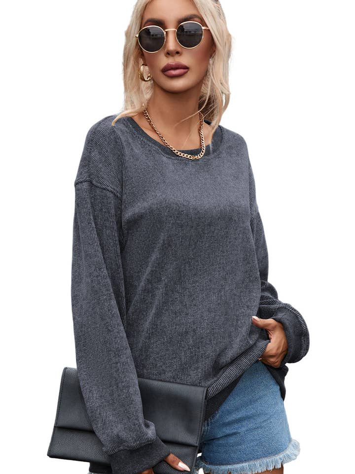 Suhkasana – wholesale Sweatshirt – Women's – Customizable Solid Ribbed Knit Round Neck Casual PulloverSweatshirt43