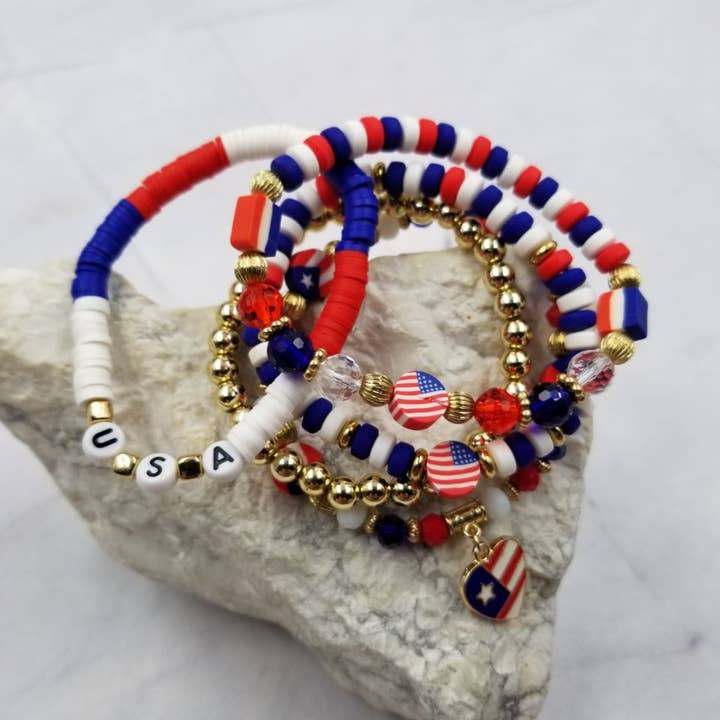 The Pretty Jewellery - Wholesale Jewelry Set - 4th of July USA Heart Charm Heishi Bracelet