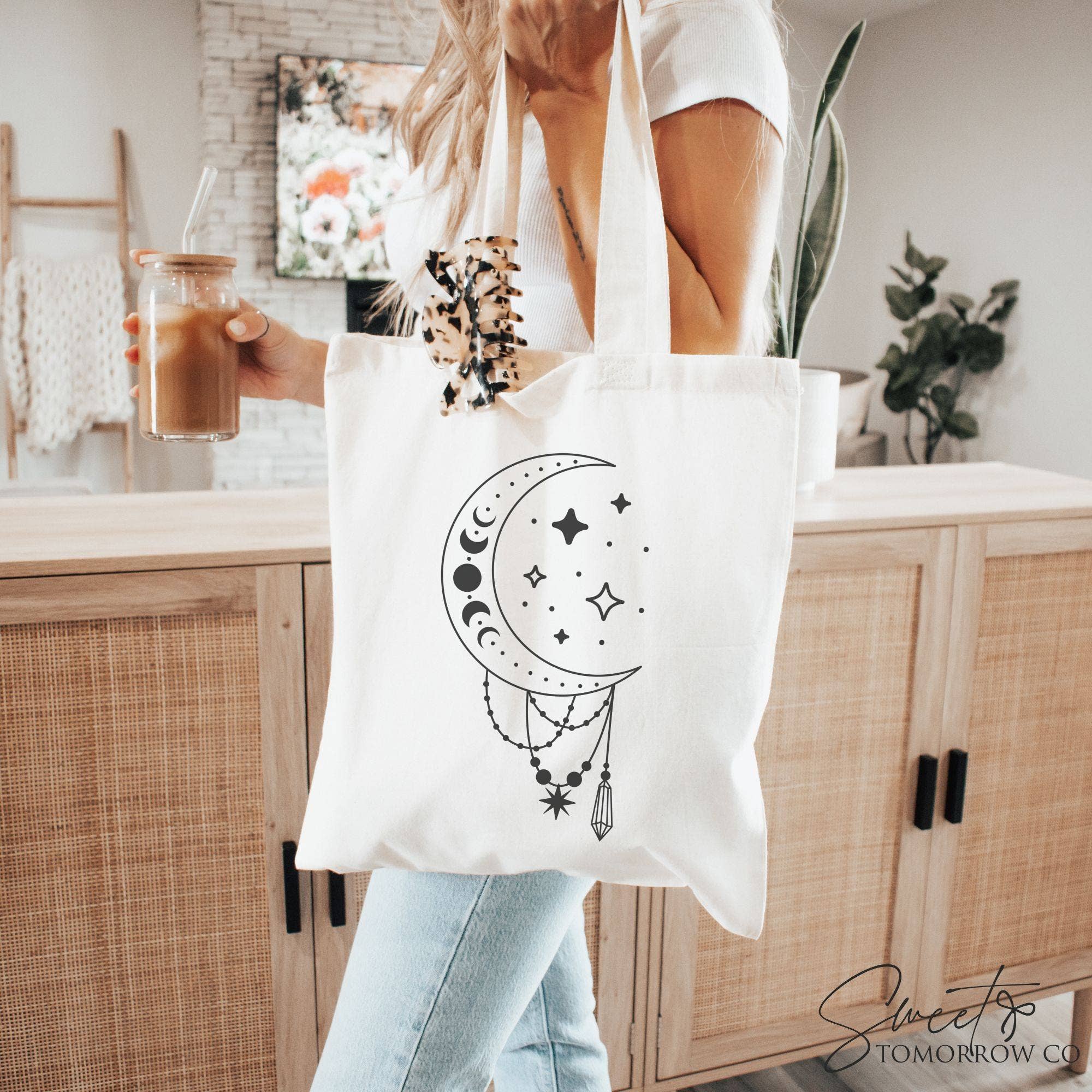 Cataleya Designs Studio LLC – wholesale Tote bag – Women's – Celestial Moon Cotton Canvas Tote Bag Medium Grocery Bag0