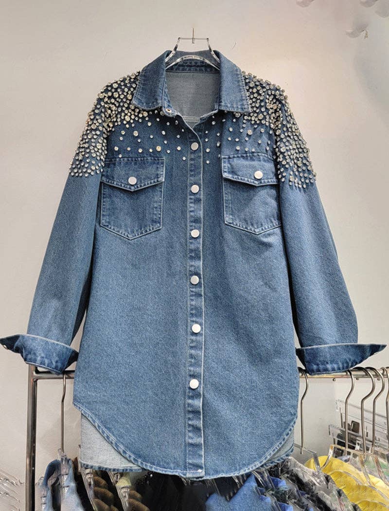 BLUE Embellished Oversized Denim Shirt for wholesale on Faire0