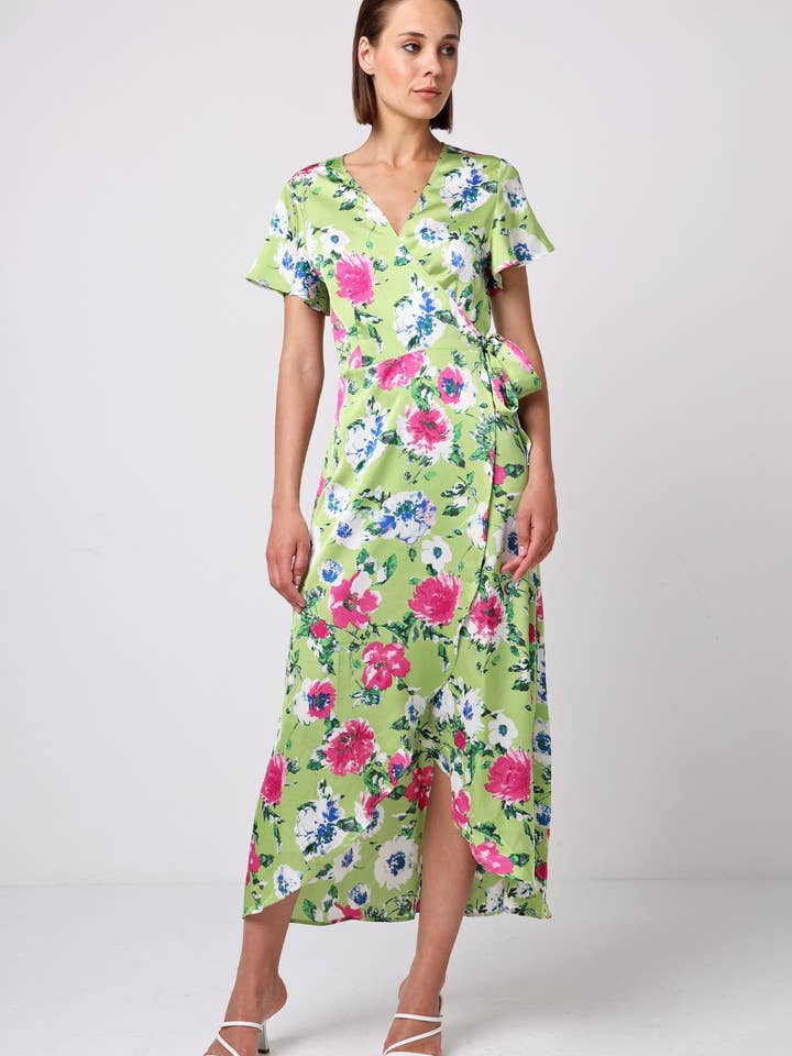 ANGELEYE - Wholesale Dress - Women's - Angel Sleeve Tie Wrap Dress in Green Floral Print