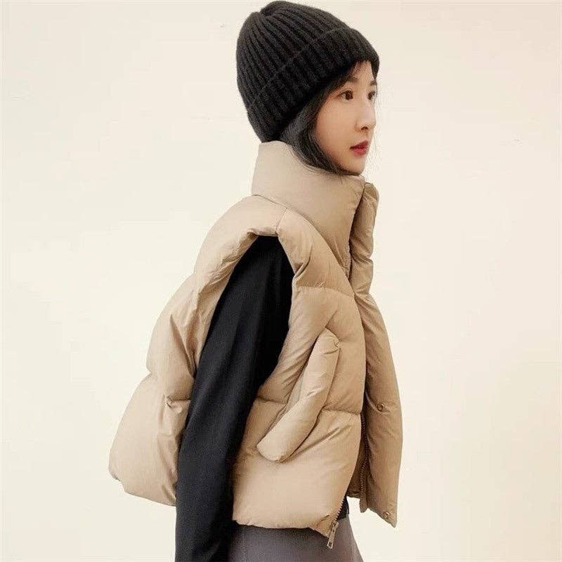 FurDecoration – Großhandel Oberbekleidungsweste – Damen – Farblich einfarbige, dicke, locker sitzende kurze Baumwollweste mit Stehkragen1