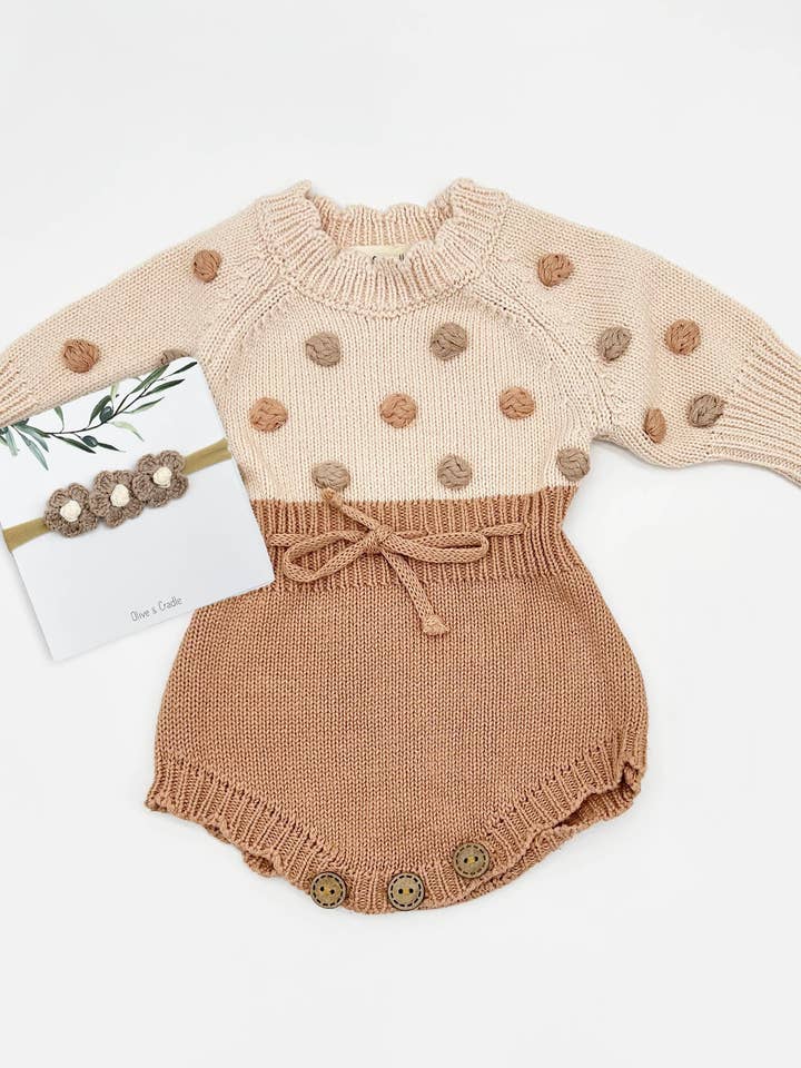 Lottie Dot Knit Romper – Apricot Sunset for wholesale by OLIVE & CRADLE
