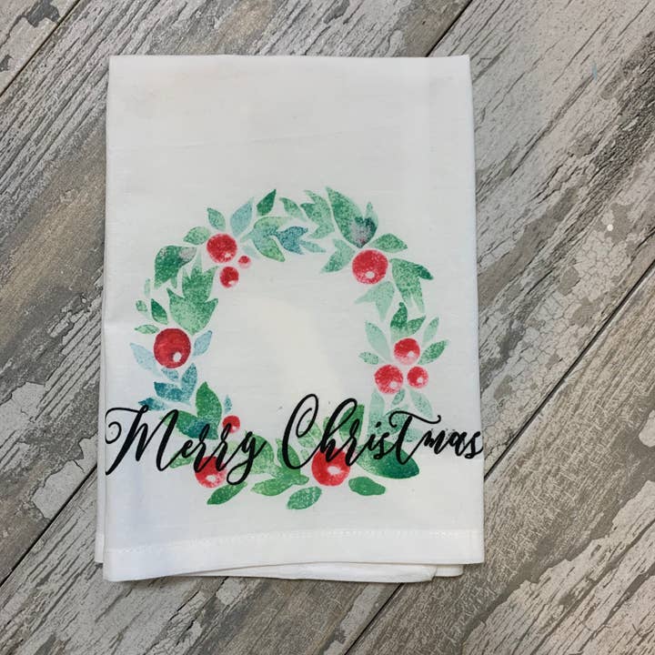 Christmas Watercolor Wreath Kitchen and Bathroom Towel for wholesale by Blue Poppy Designs