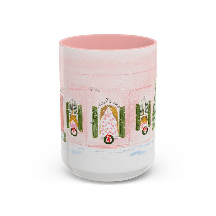 Tazza con finestra e albero di Natale rosa - Finestra di Natale per la vendita all'ingrosso da parte di Rebecca Illustrated