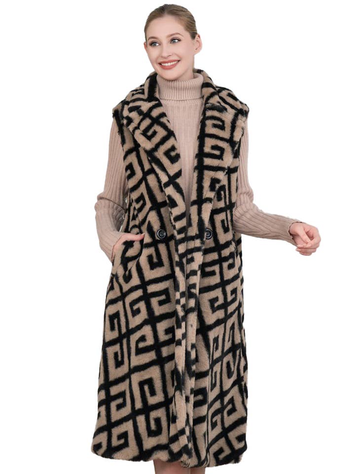 Cap Zone - Wholesale Outerwear Vest - Women's - Greek Key Fluffy Fur Collared Vest with Pockets