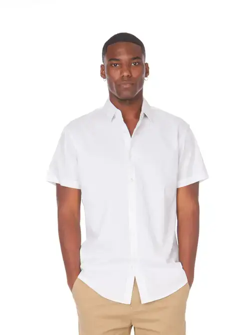 White Men's Cotton Stretch Short Sleeve Solid Shirt for wholesale on Faire0