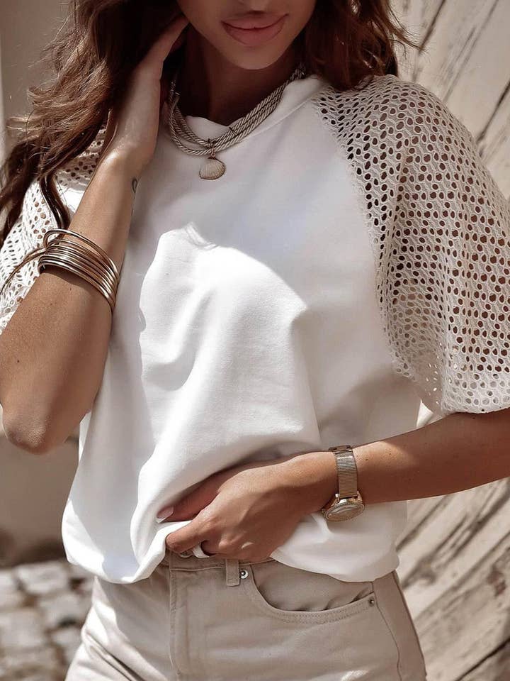 Pointelle Lace Half Sleeve Crew Neck Tee for wholesale by Lovesoft