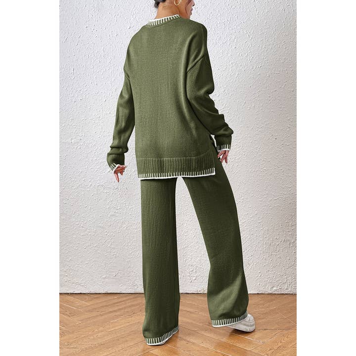 Supreme Fashion - Wholesale Lounge Set - Women's - Knit Color Block Loose Edged Sweater And Pant Set