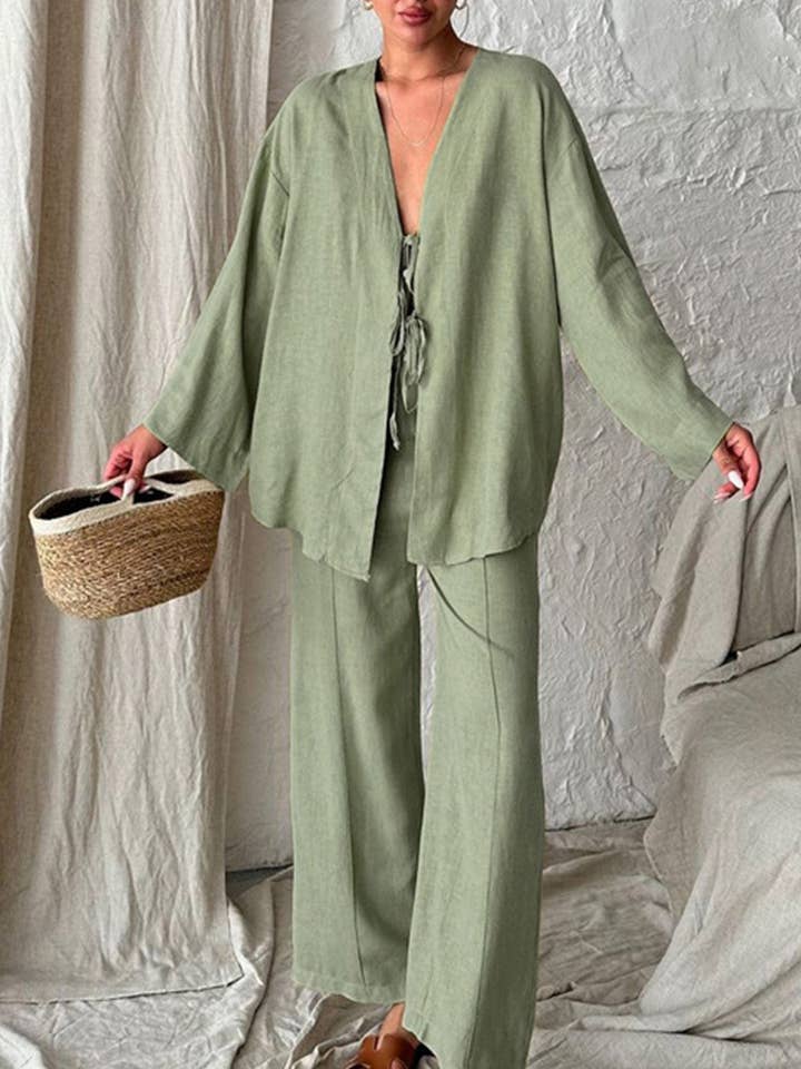 Tie-front Long Sleeve Shirt Cotton Suits for wholesale by Red Clover USA