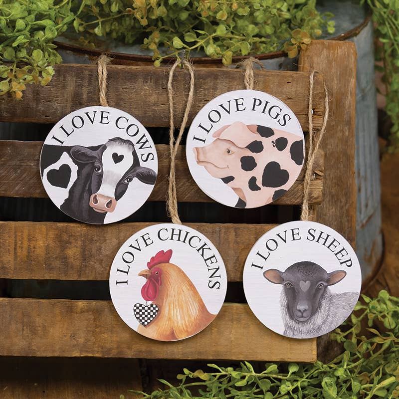 The Hearthside Collection – Großhandel Verzierungs-Set – Rundes Dekoelement mit Aufschrift „I Love Farm Animals“, 4 verschiedene1
