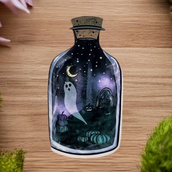Graveyard In a Bottle Water-Resistant Sticker for wholesale by Sable Satin Moon Shop
