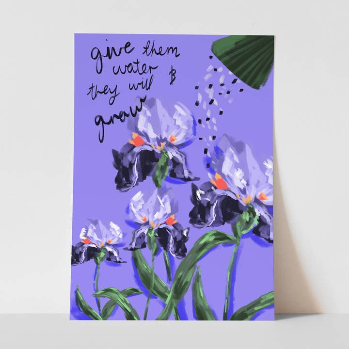 Bright Purple Iris, Floral Art Print, Funky, Worded Art for wholesale by Georgie King Designs