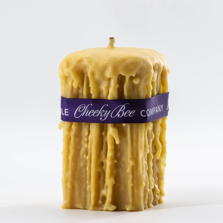 #66 – Square Drip Pillar – Gold Beeswax Candle for wholesale by Cheeky Bee Candle Company Inc.