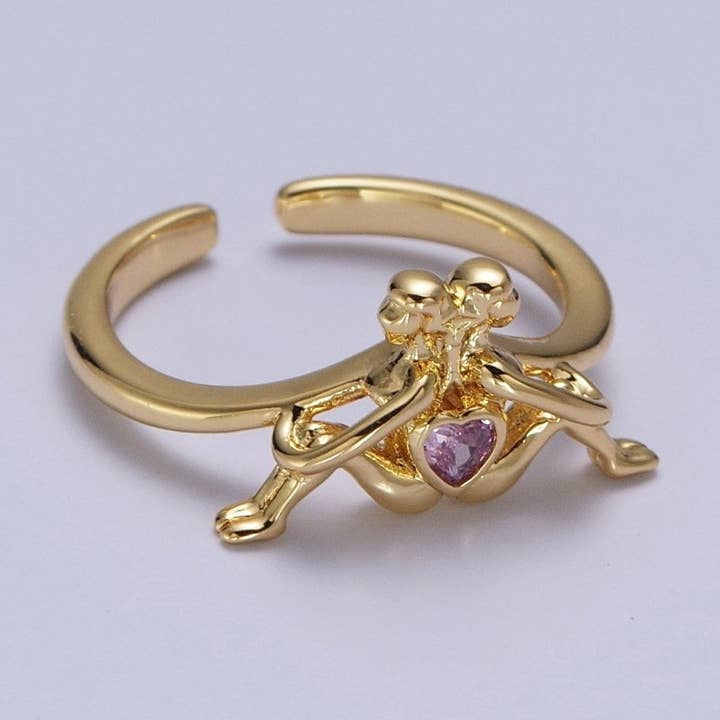 Gold Greek Myth of Soulmates, Lesbian Couple with Pink Heart Cubic Zirconia Between Adjustable Ring | U-237 for wholesale by Aim Eternal