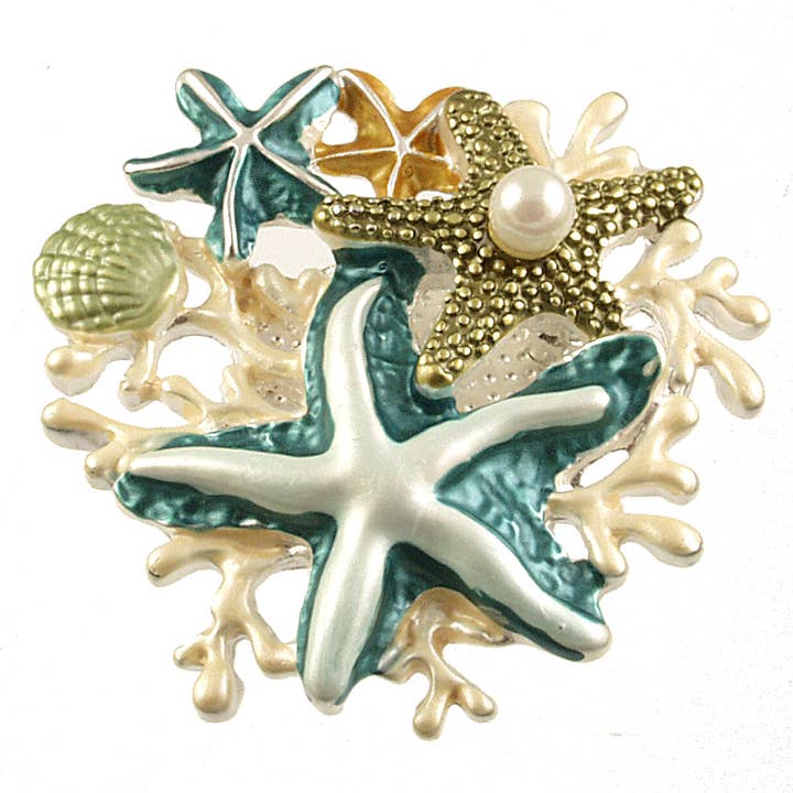 Starfish & Pearl Reef Magnetic Brooch: Aqua; Orange; 1.5" for wholesale by Origin Jewelry
