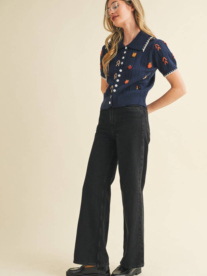 &MERCI - Wholesale Knit Sweater - Women's - HAND EMBROIDERED SHORT SLV BUTTON DOWN SWEATER MSW1095330