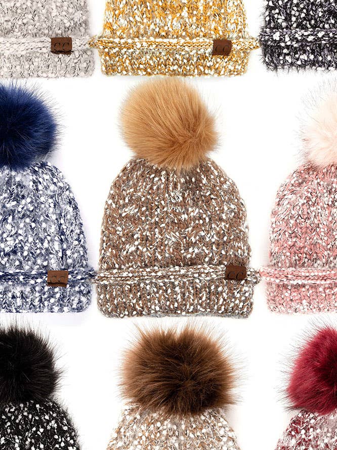 C.C Eyelash Confetti Yarn Knitted Pom Beanie for wholesale by Hana