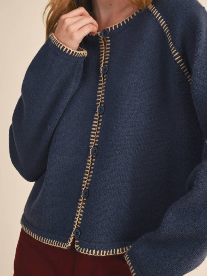 &MERCI - Wholesale Cardigan - Women's - CONTRAST BLANKET STITCH SWEATER CARDIGAN MSW1119669