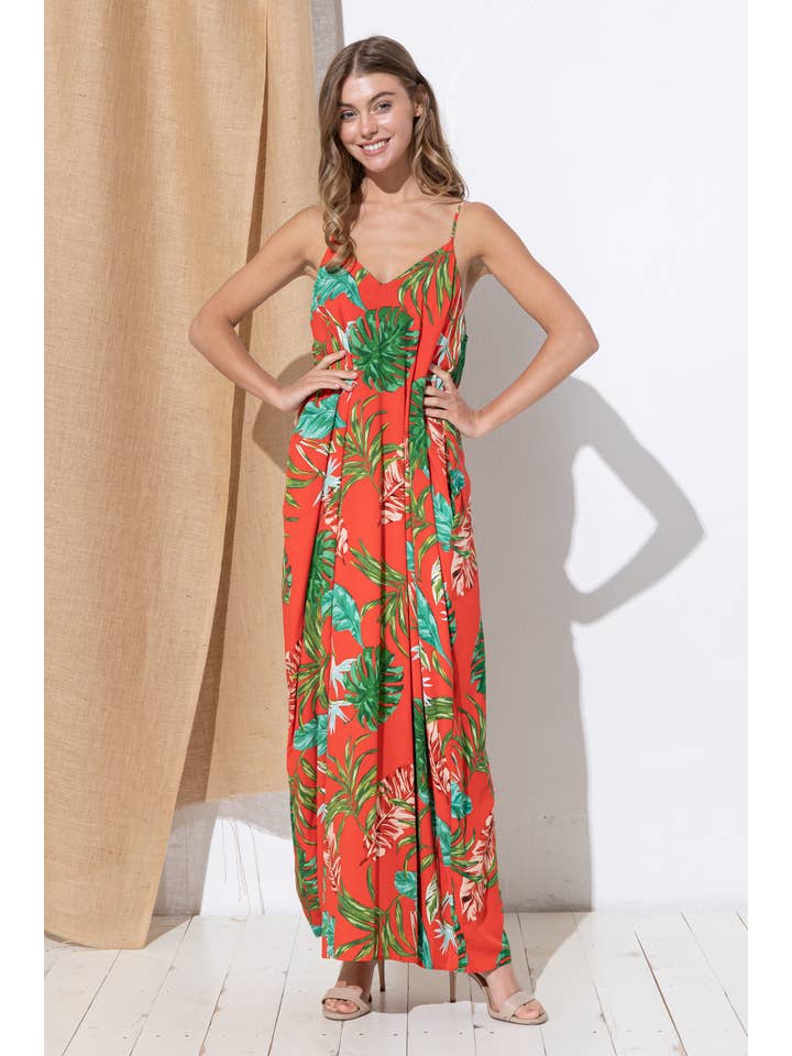 Bloidy - Wholesale Dress - Women's - Palm Leaf Tropical Floral Print Maxi Dress - C96769