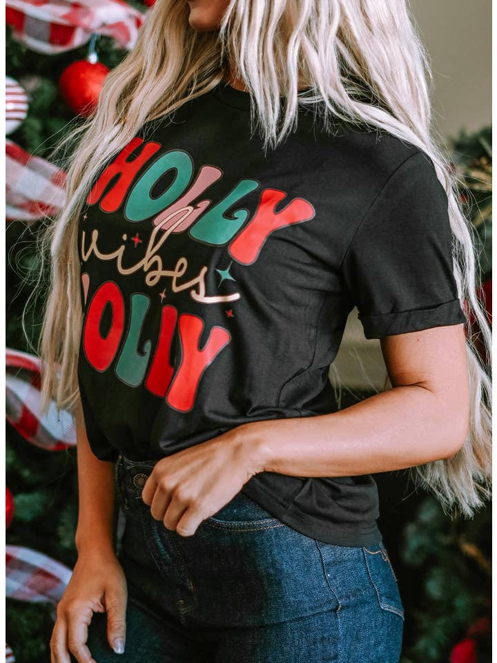 Black LDC HOLLY JOLLY Vibes Christmas Crew Neck T Shirt for wholesale on Faire
