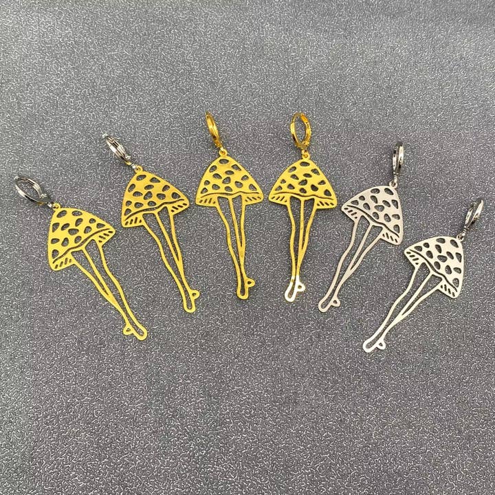 Two Tone Mushroom Lady Huggie Earrings for wholesale by Mio Queena