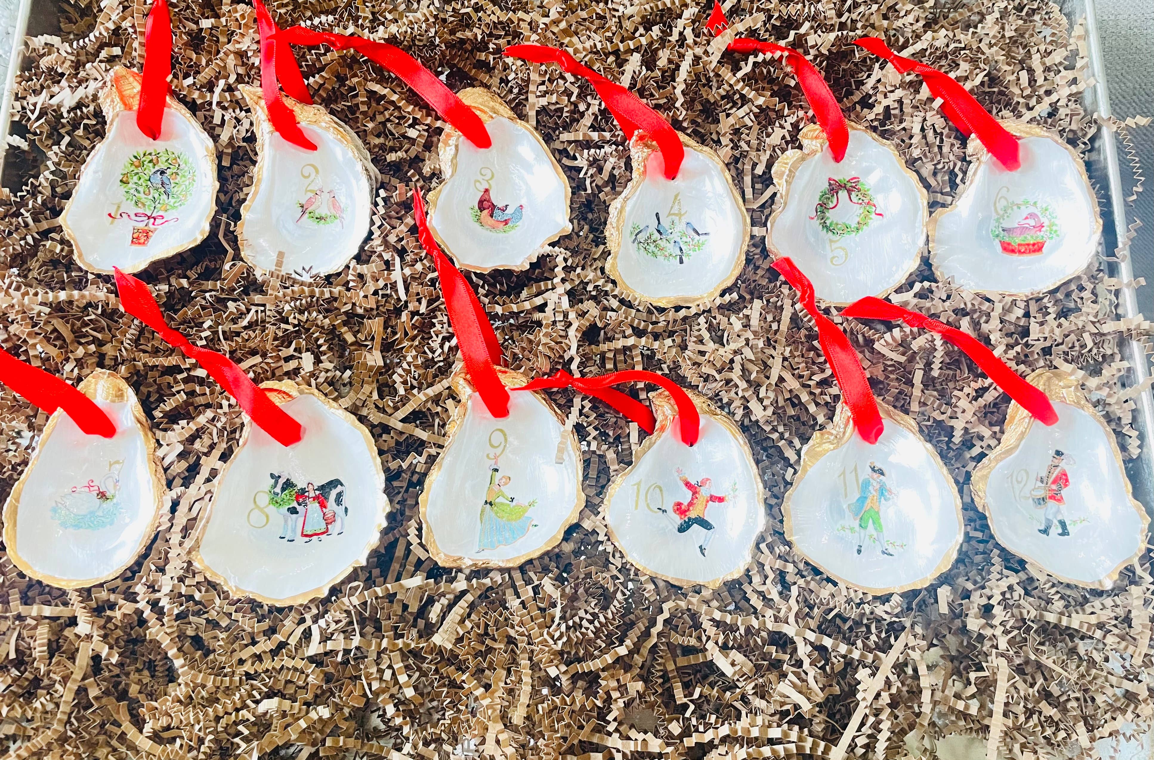 Shells by Shea - Wholesale Ornament - Oyster Shell Ornament Set,12 Days of Christmas Ornaments12